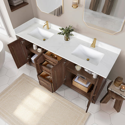 Tokyo 72" Freestanding Double Bath Vanity in Aged Dark Brown Oak with Silk White Quartz Stone Top