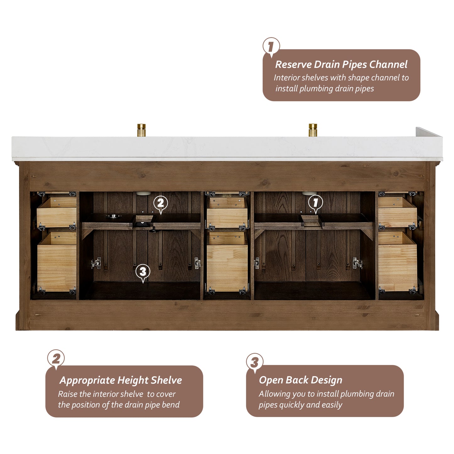 Tokyo 84" Freestanding Double Bath Vanity in Aged Dark Brown Oak with Silk White Quartz Stone Top