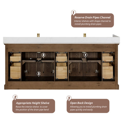 Tokyo 84" Freestanding Double Bath Vanity in Aged Dark Brown Oak with Silk White Quartz Stone Top