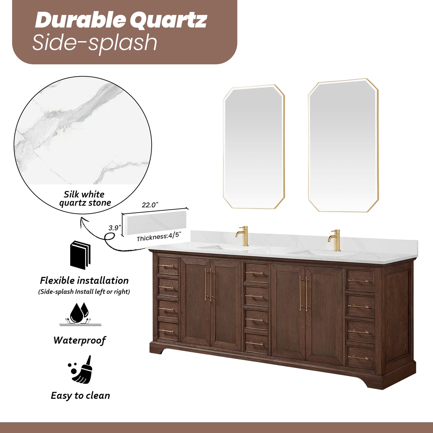 Tokyo 84" Freestanding Double Bath Vanity in Aged Dark Brown Oak with Silk White Quartz Stone Top