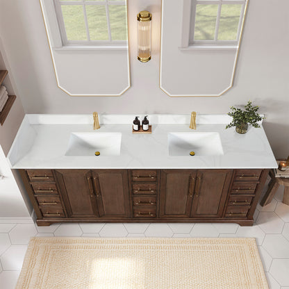 Tokyo 84" Freestanding Double Bath Vanity in Aged Dark Brown Oak with Silk White Quartz Stone Top