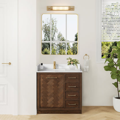 Jakarta 36" Freestanding Single Bath Vanity in Aged Dark Brown Oak with Silk White Quartz Stone Top