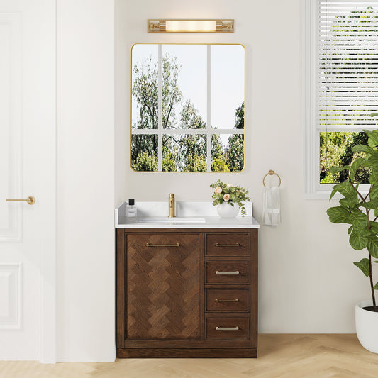 Jakarta 36" Freestanding Single Bath Vanity in Aged Dark Brown Oak with Silk White Quartz Stone Top