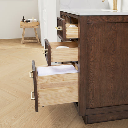 Jakarta 36" Freestanding Single Bath Vanity in Aged Dark Brown Oak with Silk White Quartz Stone Top