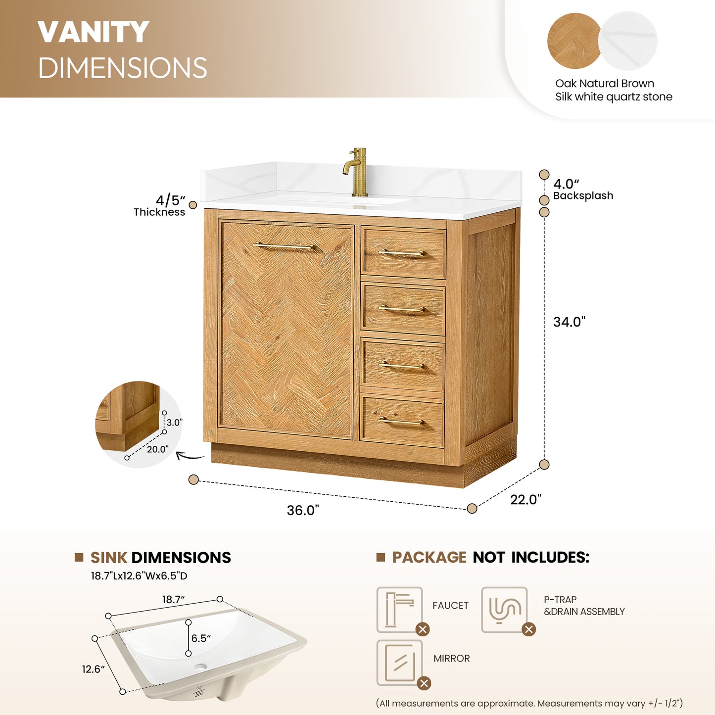 Jakarta 36" Freestanding Single Bath Vanity in Oak Natural Brown