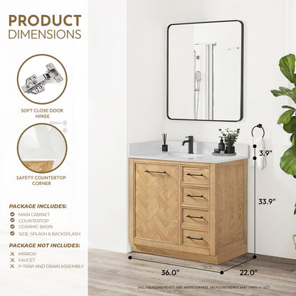 Jakarta 36" Freestanding Single Bath Vanity in Oak Weathering Light Brown with Silk White Quartz Stone Top