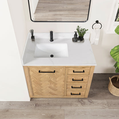 Jakarta 36" Freestanding Single Bath Vanity in Oak Weathering Light Brown with Silk White Quartz Stone Top