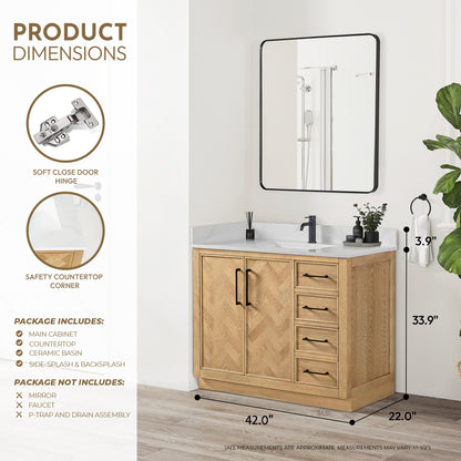 Jakarta 42" Freestanding Single Bath Vanity in Oak Weathering Light Brown with Silk White Quartz Stone Top