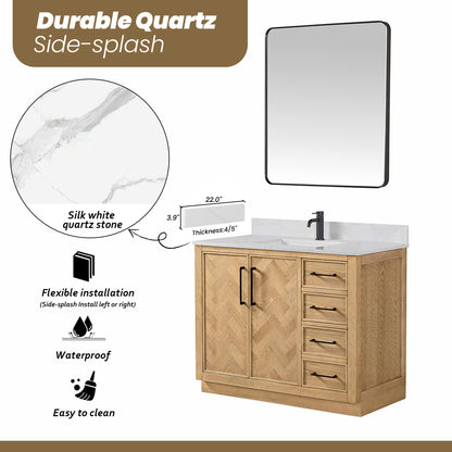 Jakarta 42" Freestanding Single Bath Vanity in Oak Weathering Light Brown with Silk White Quartz Stone Top