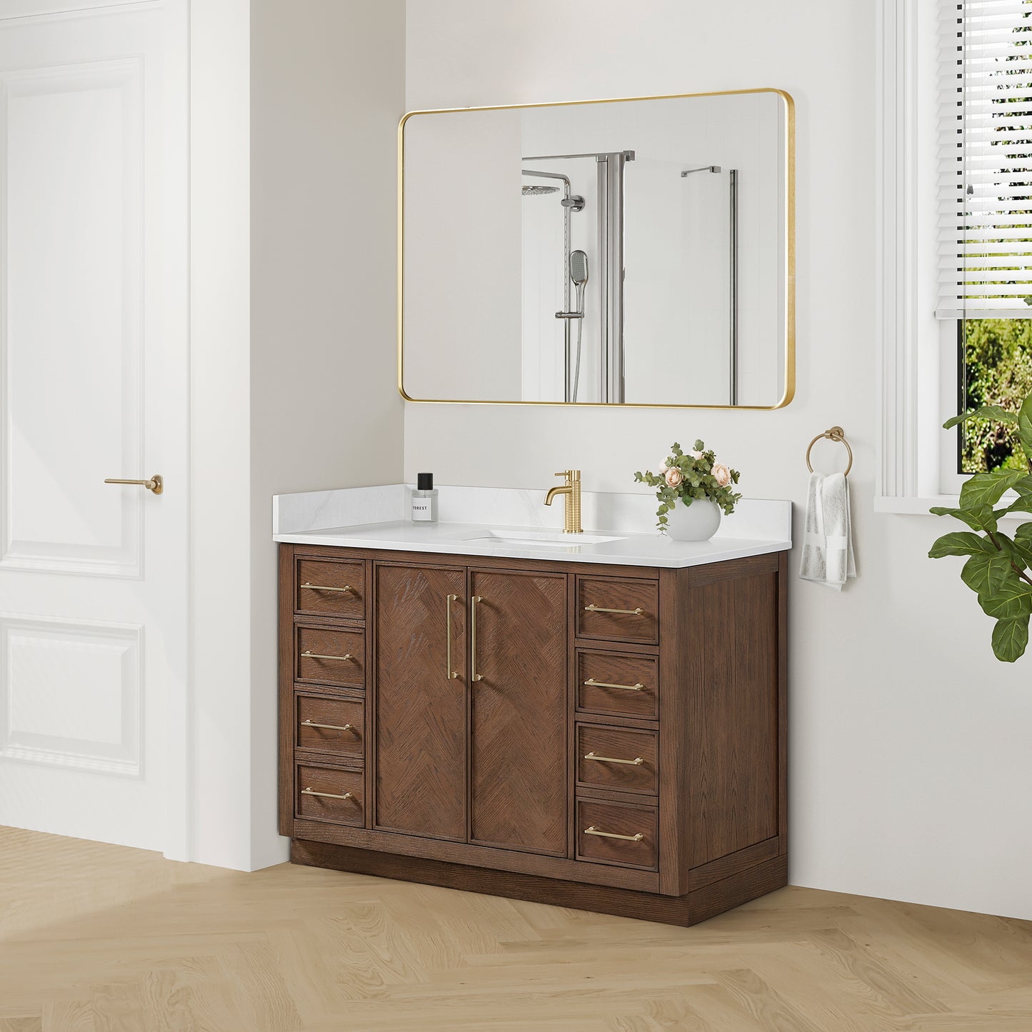 Jakarta 48" Freestanding Single Bath Vanity in Aged Dark Brown Oak with Silk White Quartz Stone Top