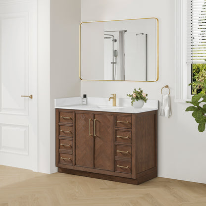 Jakarta 48" Freestanding Single Bath Vanity in Aged Dark Brown Oak with Silk White Quartz Stone Top