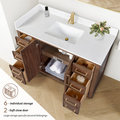 Jakarta 48" Freestanding Single Bath Vanity in Aged Dark Brown Oak with Silk White Quartz Stone Top