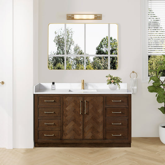 Jakarta 60" Freestanding Single Bath Vanity in Aged Dark Brown Oak with Silk White Quartz Stone Top