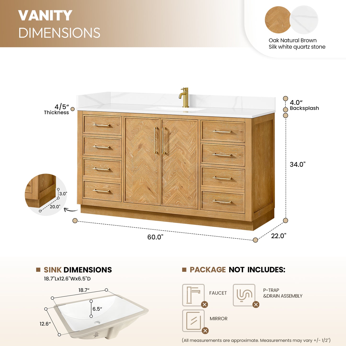 Jakarta 60" Freestanding Single Bath Vanity in Oak Natural Brown