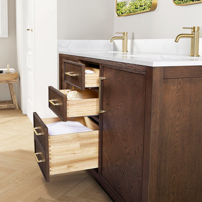 Jakarta 60M" Freestanding Double Bath Vanity in Aged Dark Brown Oak with Silk White Quartz Stone Top