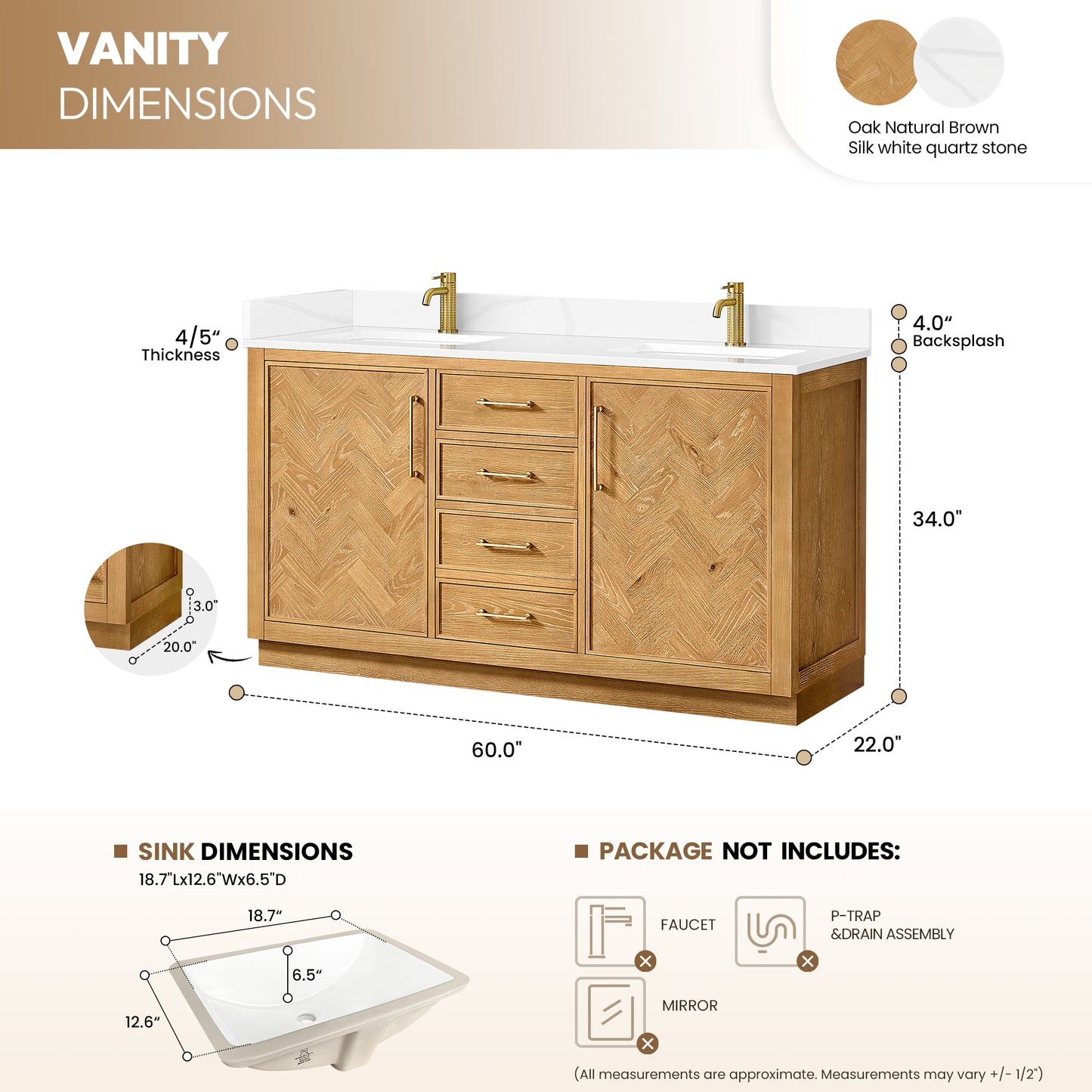 Jakarta 60M" Freestanding Double Bath Vanity in Oak Natural Brown