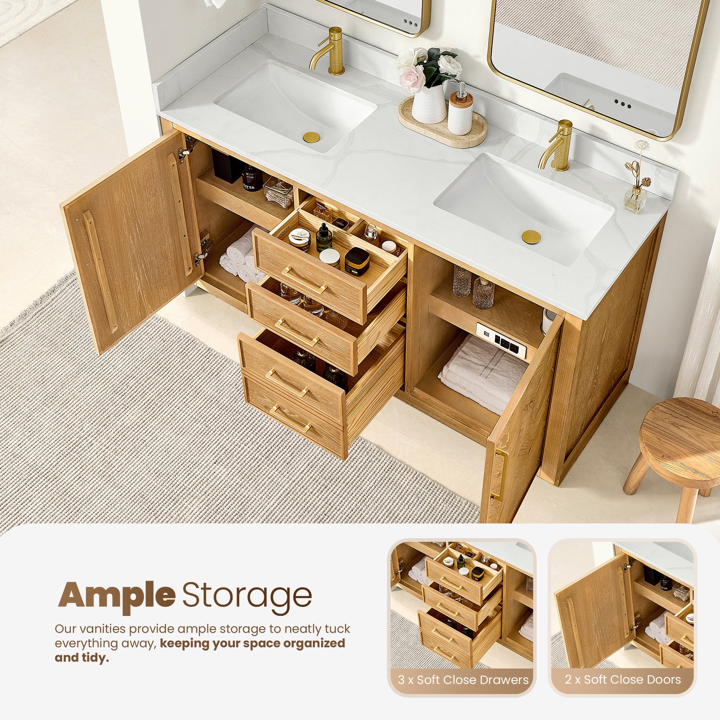 Jakarta 60M" Freestanding Double Bath Vanity in Oak Natural Brown