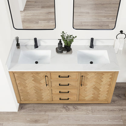 Jakarta 60M" Freestanding Double Bath Vanity in Oak Weathering Light Brown with Silk White Quartz Stone Top