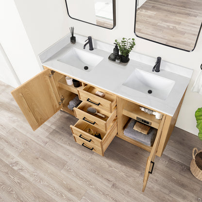 Jakarta 60" Freestanding Single Bath Vanity in Oak Weathering Light Brown with Silk White Quartz Stone Top