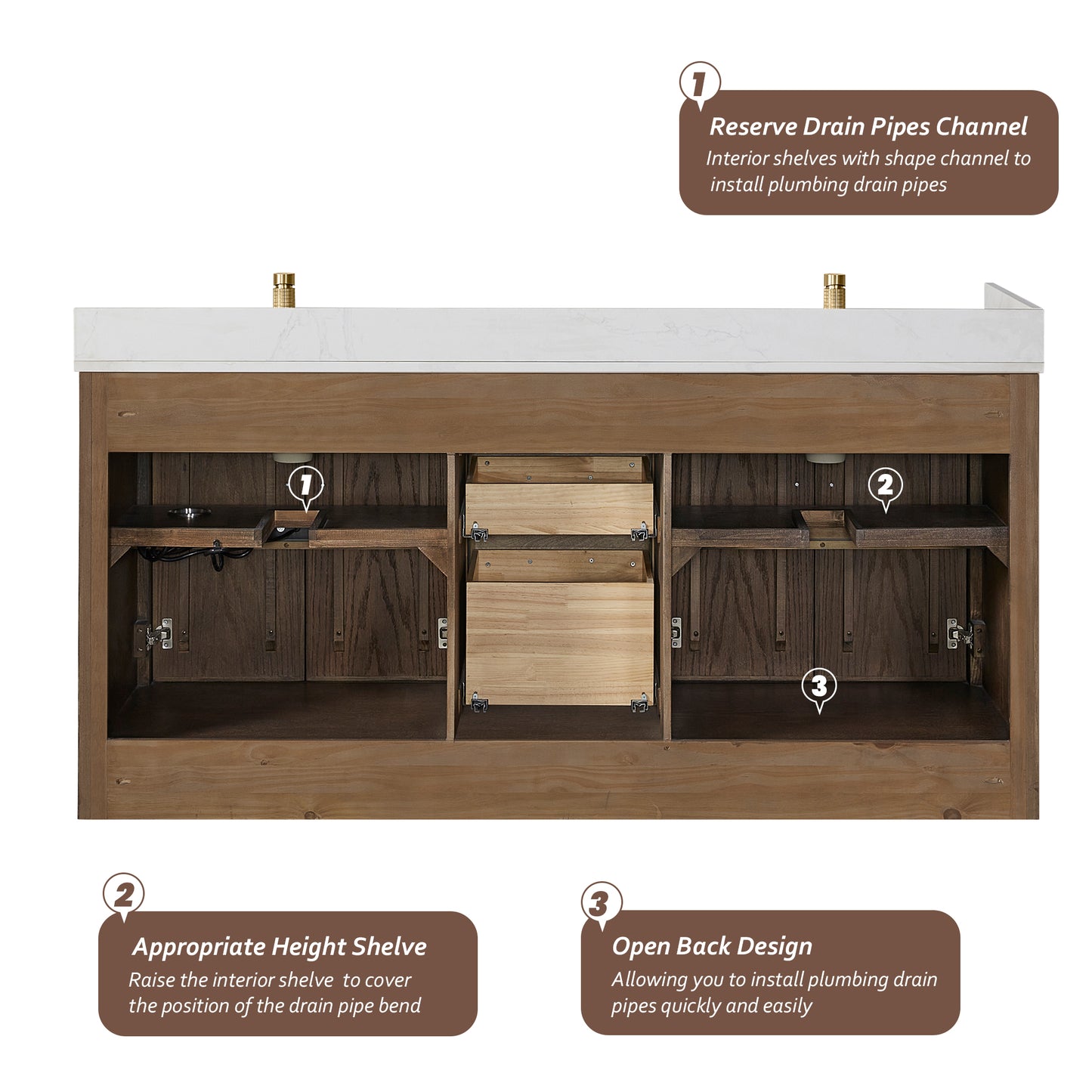 Jakarta 72" Freestanding Double Bath Vanity in Aged Dark Brown Oak with Silk White Quartz Stone Top