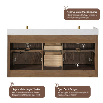 Jakarta 72" Freestanding Double Bath Vanity in Aged Dark Brown Oak with Silk White Quartz Stone Top