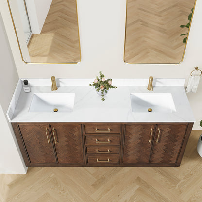 Jakarta 72" Freestanding Double Bath Vanity in Aged Dark Brown Oak with Silk White Quartz Stone Top