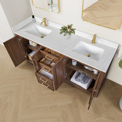Jakarta 72" Freestanding Double Bath Vanity in Aged Dark Brown Oak with Silk White Quartz Stone Top
