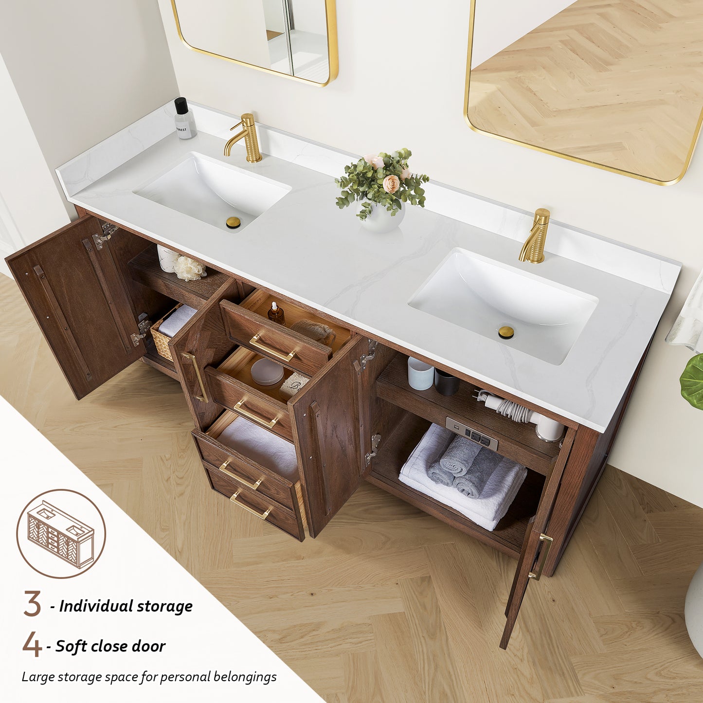 Jakarta 72" Freestanding Double Bath Vanity in Aged Dark Brown Oak with Silk White Quartz Stone Top