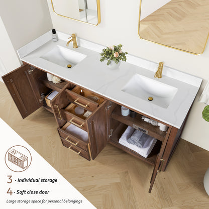 Jakarta 72" Freestanding Double Bath Vanity in Aged Dark Brown Oak with Silk White Quartz Stone Top