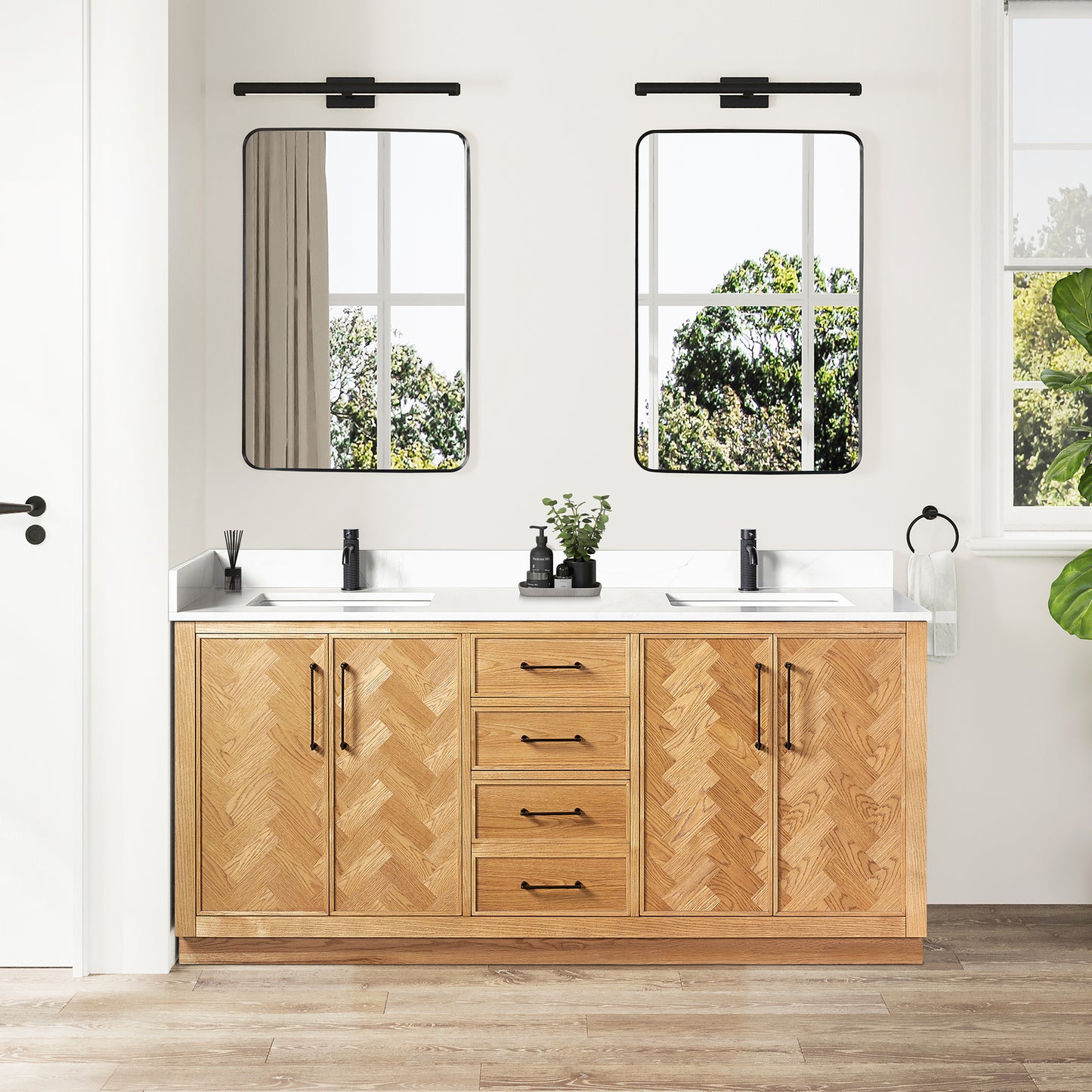 Jakarta 72" Freestanding Double Bath Vanity in Oak Weathering Light Brown with Silk White Quartz Stone Top