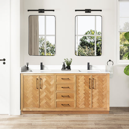 Jakarta 72" Freestanding Double Bath Vanity in Oak Weathering Light Brown with Silk White Quartz Stone Top
