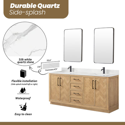 Jakarta 72" Freestanding Double Bath Vanity in Oak Weathering Light Brown with Silk White Quartz Stone Top