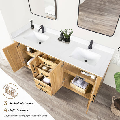 Jakarta 72" Freestanding Double Bath Vanity in Oak Weathering Light Brown with Silk White Quartz Stone Top
