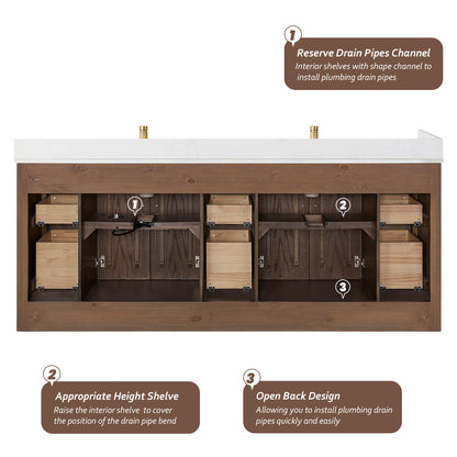 Jakarta 84" Freestanding Double Bath Vanity in Aged Dark Brown Oak with Silk White Quartz Stone Top