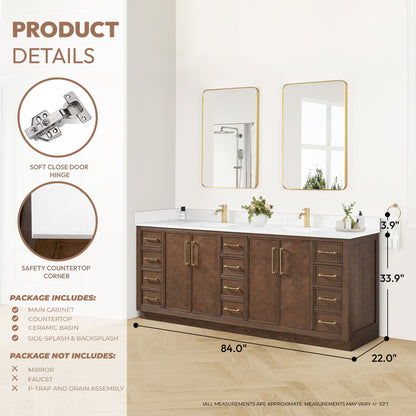 Jakarta 84" Freestanding Double Bath Vanity in Aged Dark Brown Oak with Silk White Quartz Stone Top