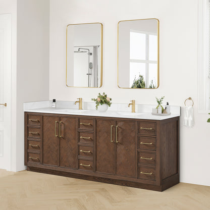Jakarta 84" Freestanding Double Bath Vanity in Aged Dark Brown Oak with Silk White Quartz Stone Top