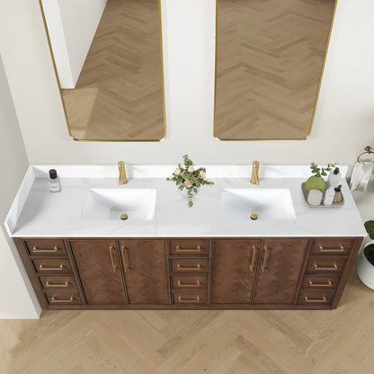 Jakarta 84" Freestanding Double Bath Vanity in Aged Dark Brown Oak with Silk White Quartz Stone Top