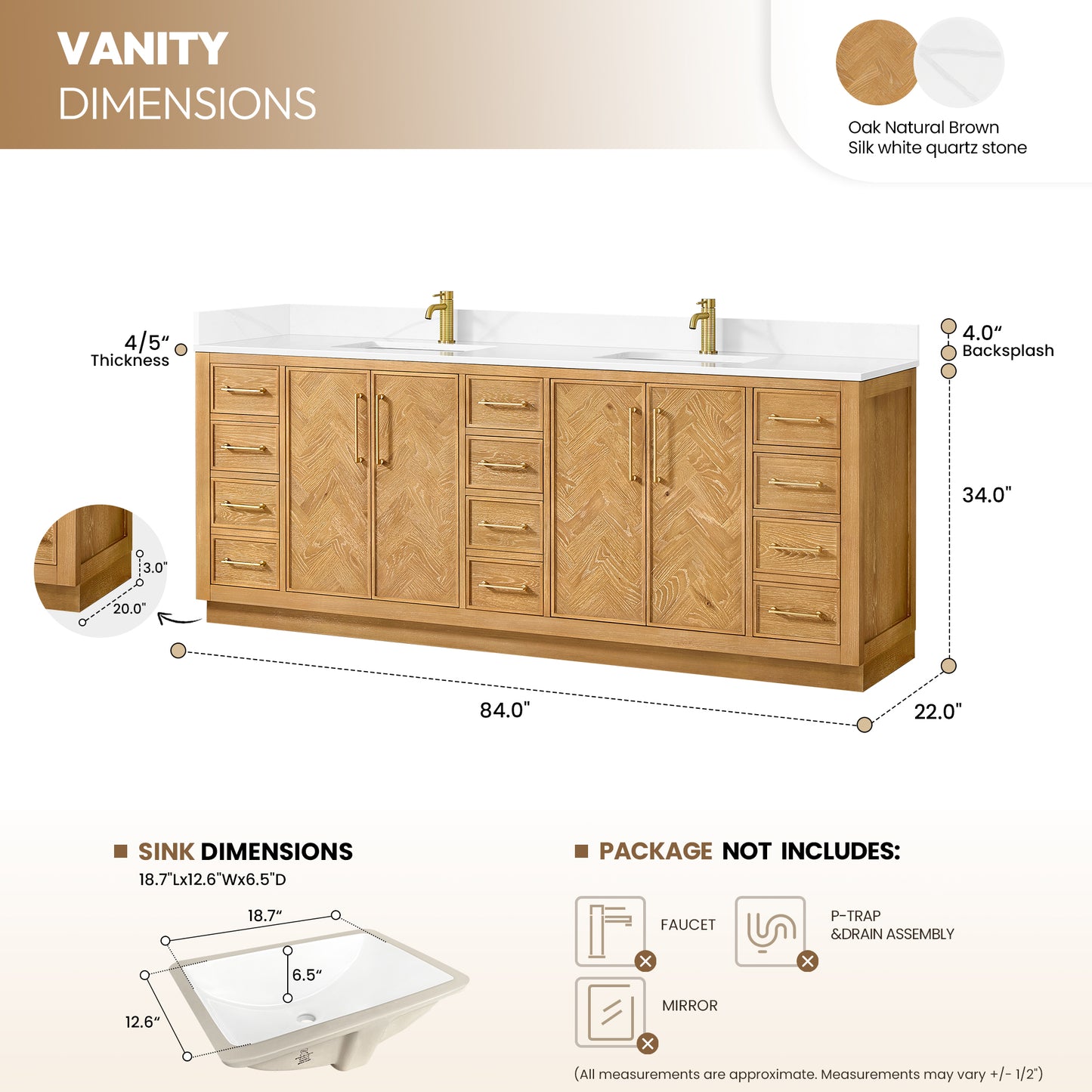 Jakarta 84" Freestanding Double Bath Vanity in Oak Natural Brown