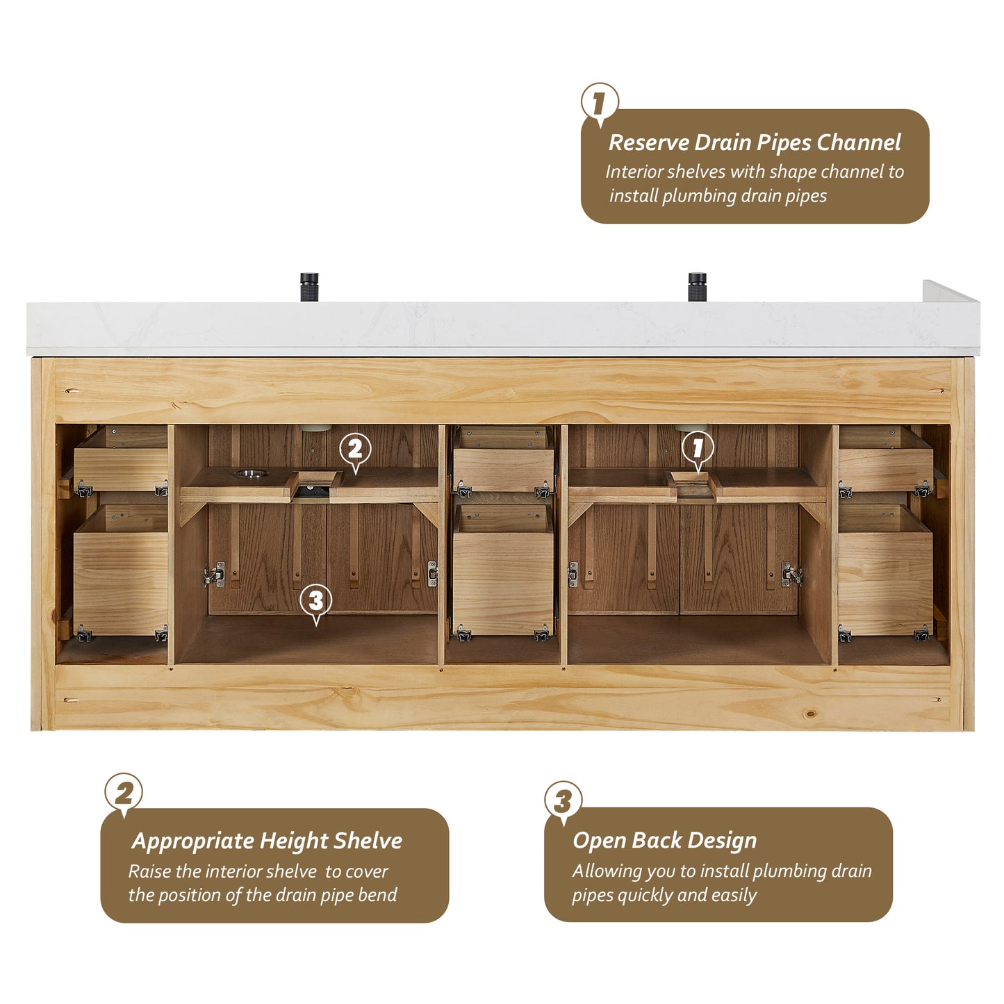 Jakarta 84" Freestanding Double Bath Vanity in Oak Weathering Light Brown with Silk White Quartz Stone Top