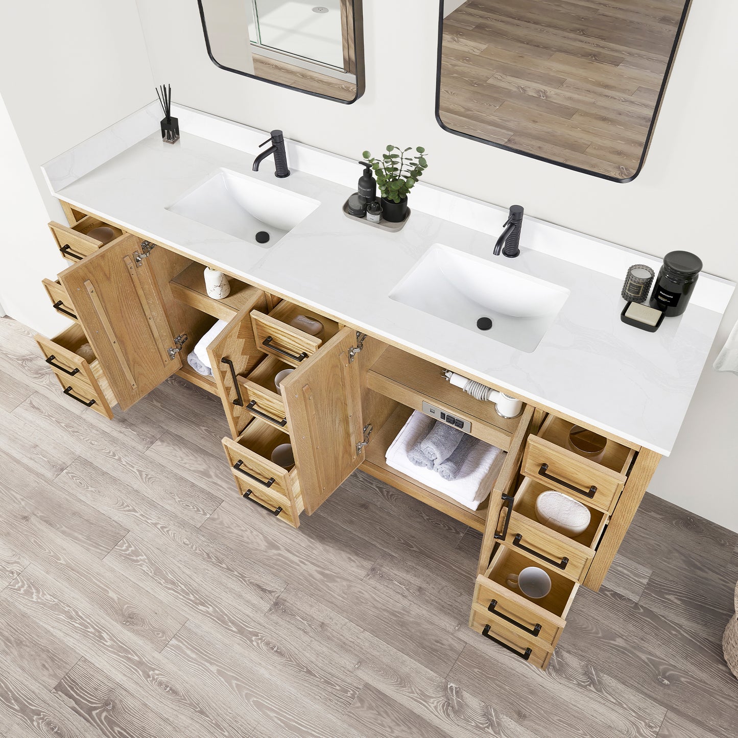 Jakarta 84" Freestanding Double Bath Vanity in Oak Weathering Light Brown with Silk White Quartz Stone Top