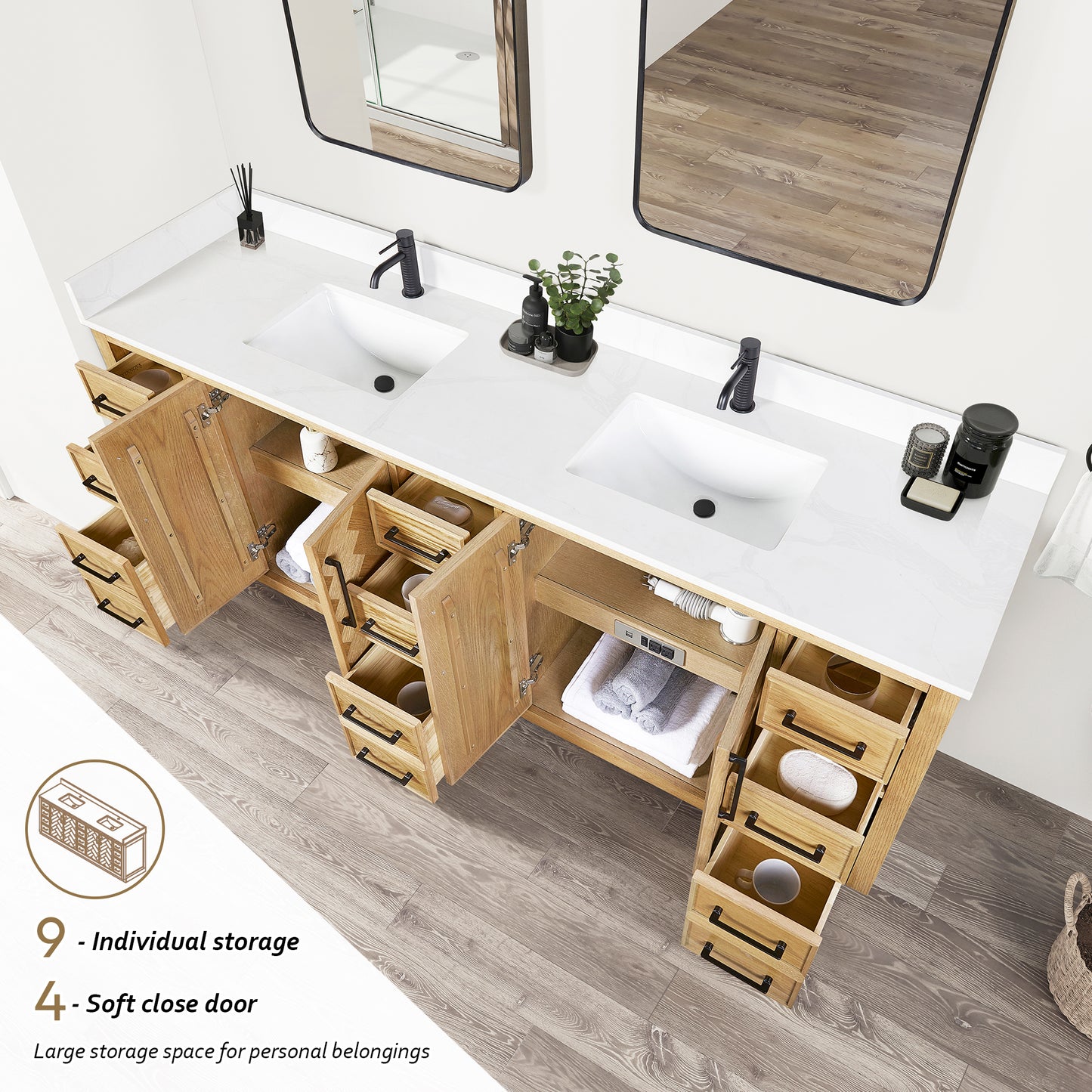 Jakarta 84" Freestanding Double Bath Vanity in Oak Weathering Light Brown with Silk White Quartz Stone Top