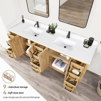 Jakarta 84" Freestanding Double Bath Vanity in Oak Weathering Light Brown with Silk White Quartz Stone Top