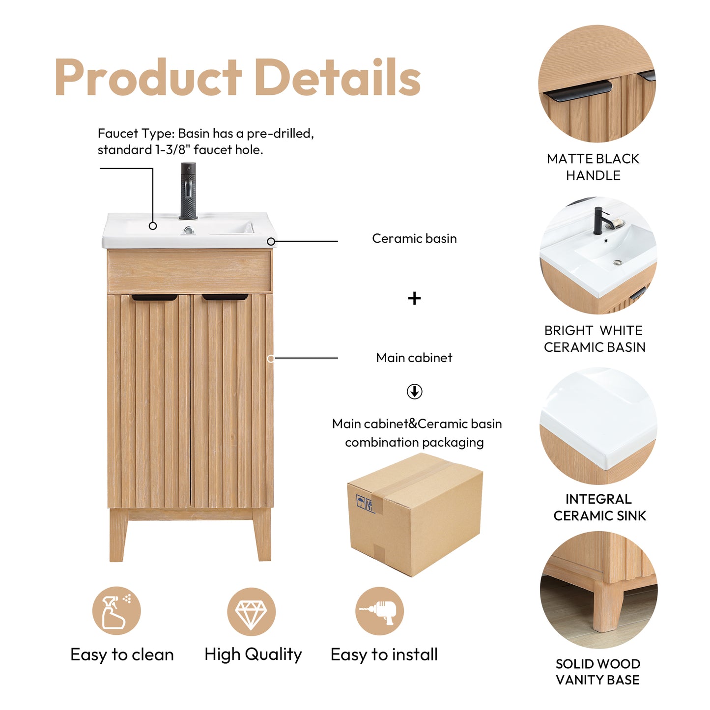 Palos 18" Free-standing Single Bath Vanity in Fir Wood Brown with Drop-In White Ceramic Basin Top