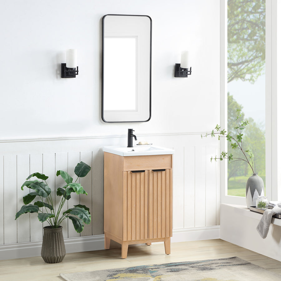 Issac Edwards 18" Free-standing Single Bath Vanity in Fir Wood Brown with Drop-In White Ceramic Basin Top and Mirror
