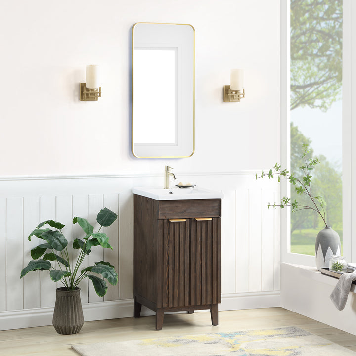 Issac Edwards 18" Free-standing Single Bath Vanity in Spruce Antique Brown with Drop-In White Ceramic Basin Top and Mirror