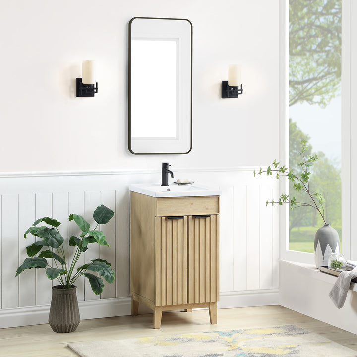Issac Edwards 18" Free-standing Single Bath Vanity in Spruce Natural Brown with Drop-In White Ceramic Basin Top and Mirror