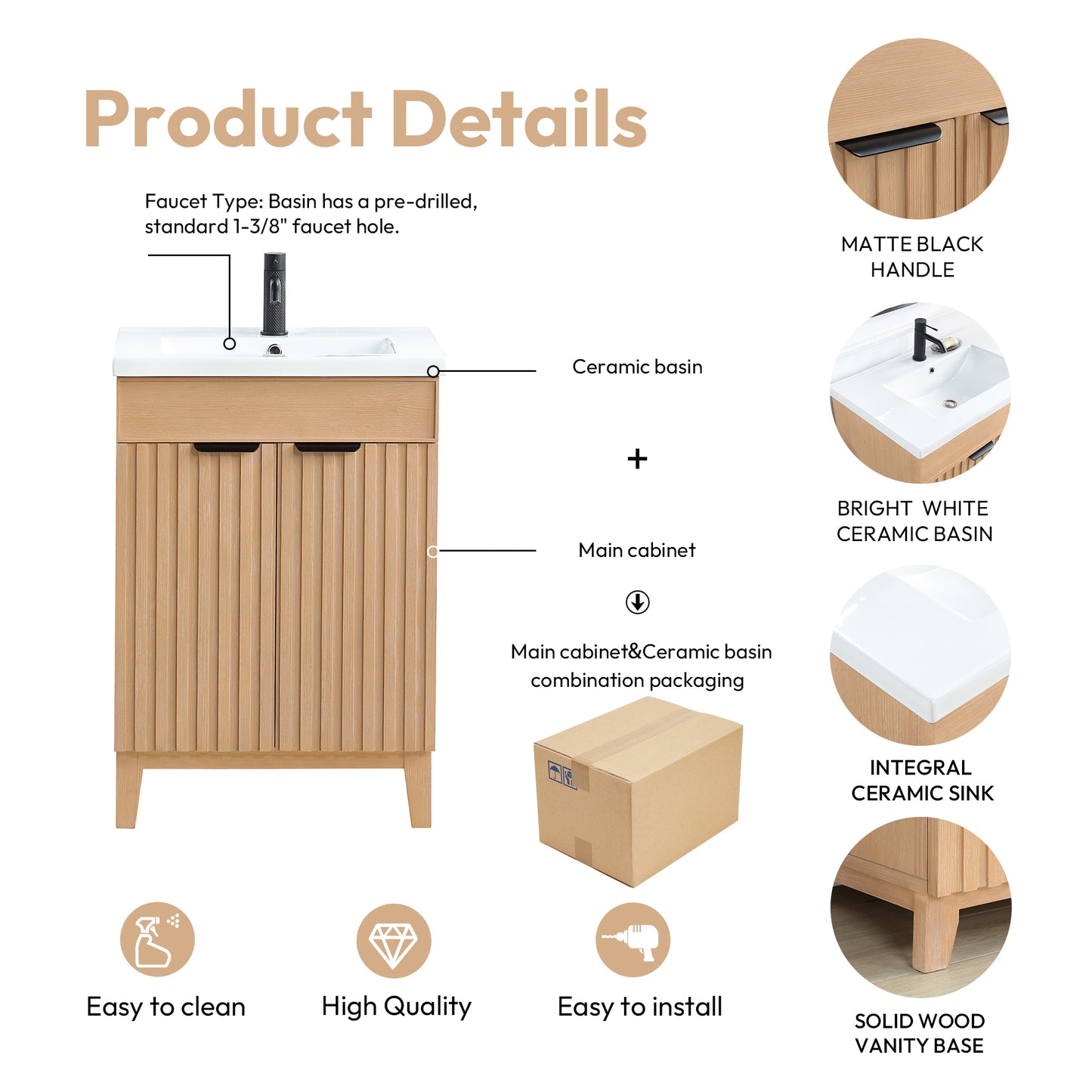 Palos 24" Free-standing Single Bath Vanity in Fir Wood Brown with Drop-In White Ceramic Basin Top