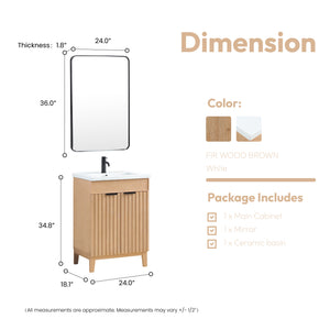 Palos 24" Free-standing Single Bath Vanity in Fir Wood Brown with Drop-In White Ceramic Basin Top