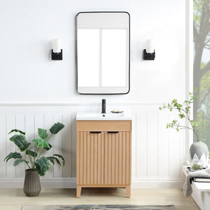 Open image in slideshow, Palos 24&quot; Free-standing Single Bath Vanity in Fir Wood Brown with Drop-In White Ceramic Basin Top

