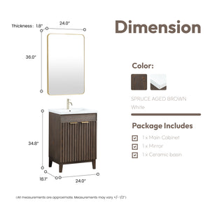 Palos 24" Free-standing Single Bath Vanity in Spruce Antique Brown with Drop-In White Ceramic Basin Top